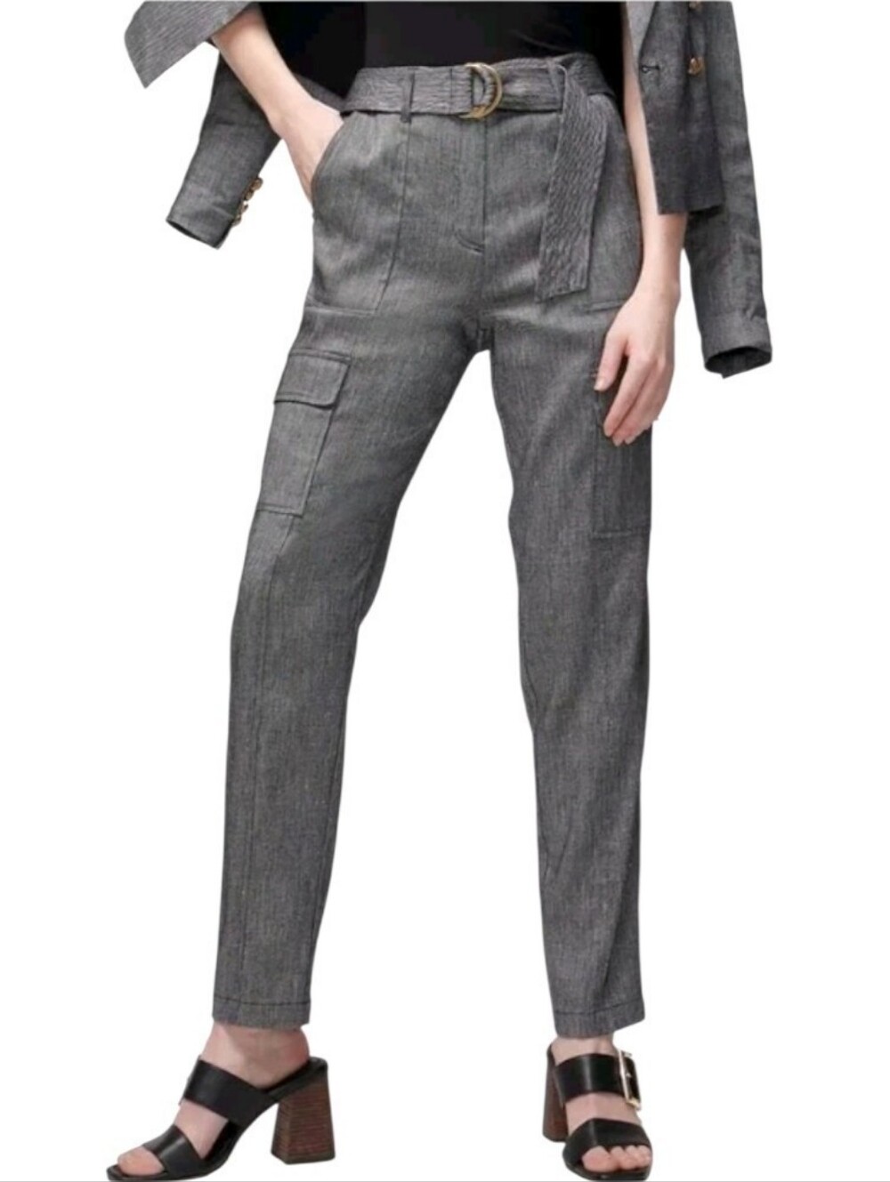 WHBM Grey Linen Blend Tapered Cargo Pants